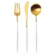 Goa White Handle/Gold Matte 130 pc Set Special Order (12x: Dinner Knives, Dinner Forks, Table Spoons, Coffee/Tea Spoons, Mocha Spoons, Dessert Knives, Dessert Forks, Dessert Spoons, Fish Knives, Fish Forks; 1x: Soup Ladle, Serving Knife, Serving Fork, Serving Spoon, Sauce Ladle, Cheese Knife, Sugar Ladle, Pie Server, Fish Serving Knife, Fish Serving Fork)