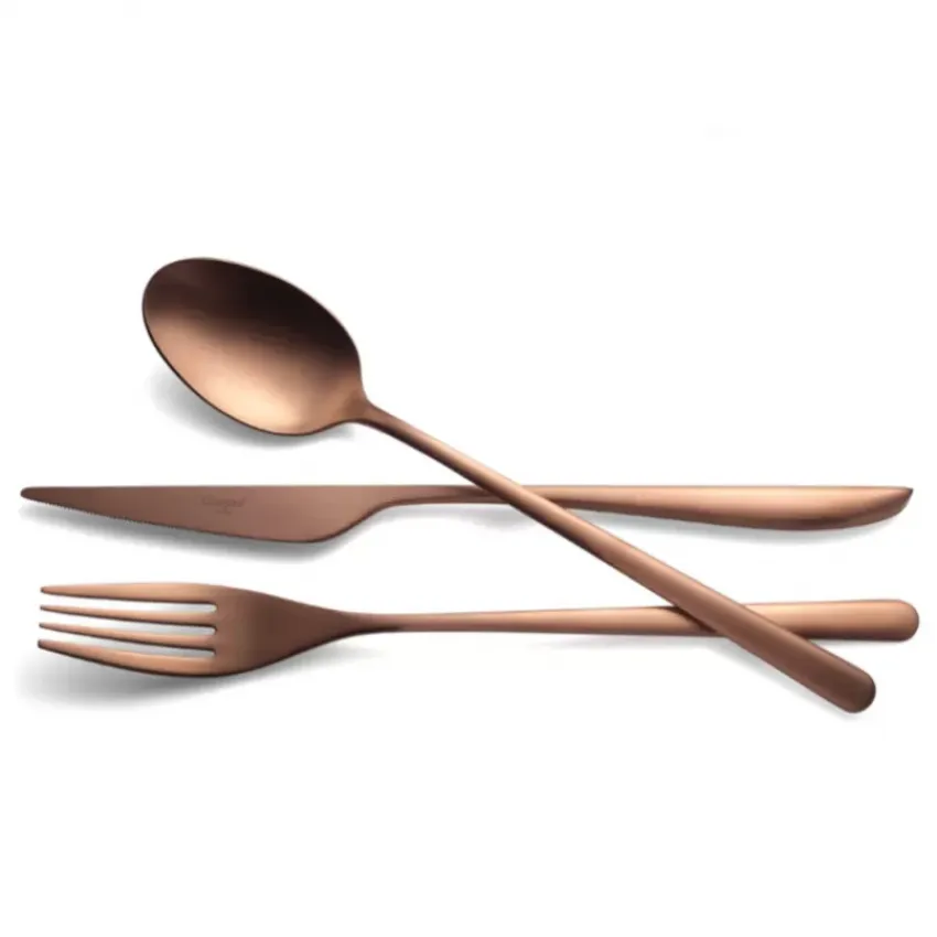 Icon Copper Matte 75 pc Set Special Order (12x: Dinner Knives, Dinner Forks, Table Spoons, Coffee/Tea Spoons, Dessert Knives, Dessert Forks; 1x: Soup Ladle, Serving Spoon, Serving Fork)