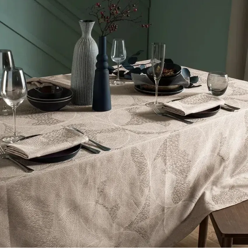 Mille Gouttes Taupe Coated Stain-Resistant Cotton Damask Table Linens