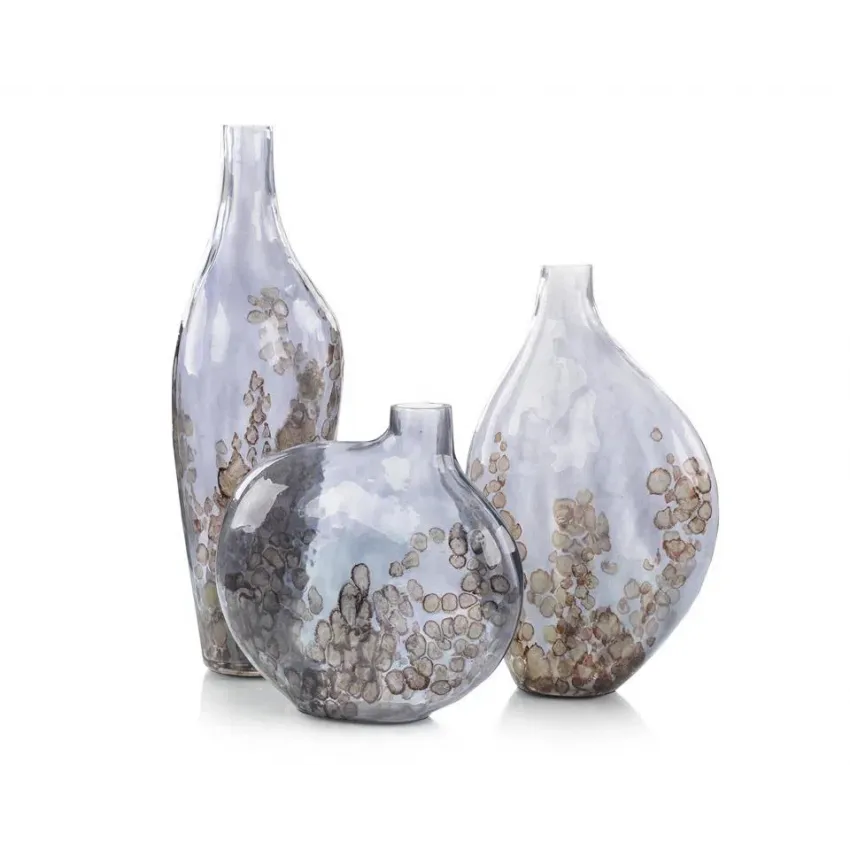 Set of Three Sky Grey Crackled Glass Vases