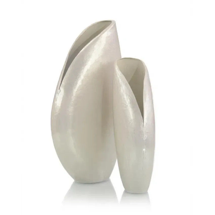 Set of Two White Pearlized Oval Vases