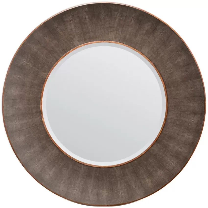 Armond Dark Mushroom Walnut Realistic Faux Shagreen Veneer Round Mirror
