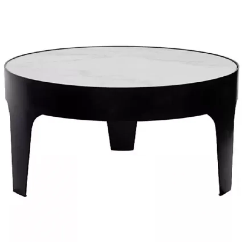 Cylinder Round Coffee Table, Black Metal with Quartz Top