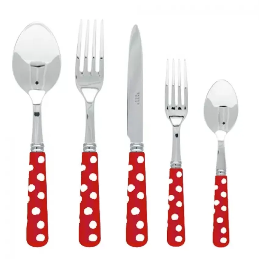 White Dots Red 5-Pc Setting (Dinner Knife, Dinner Fork, Soup Spoon, Salad Fork, Teaspoon)
