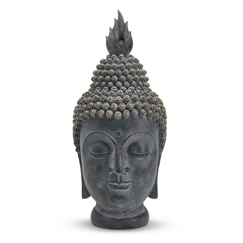 Meditating Buddha Head Statue with Antique Verdigris Finish Resin