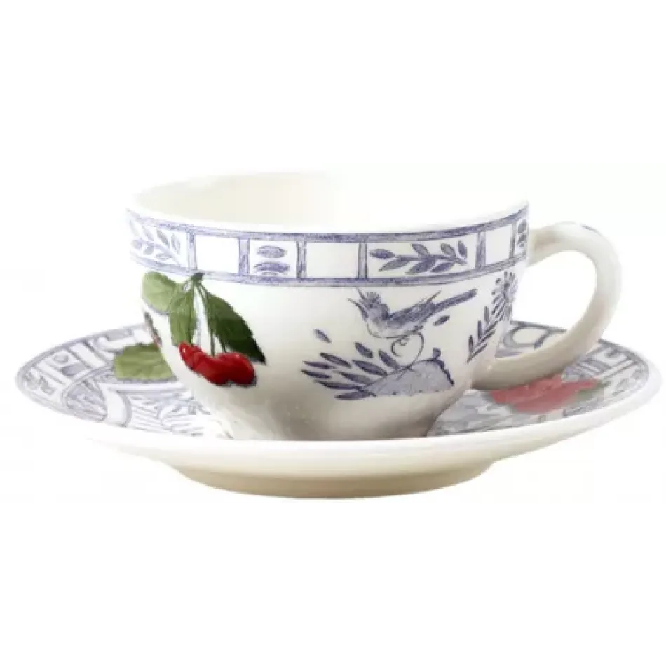 Oiseau Bleu Fruits Set Of 2 Tea Cups & Saucers 6" Dia