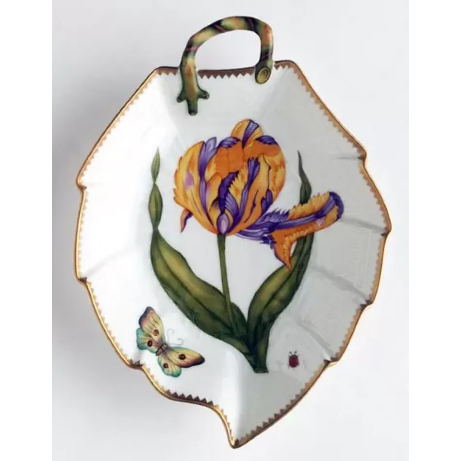 Old Master Tulips Purple & Yellow Tulip Leaf Dish 9 in Long