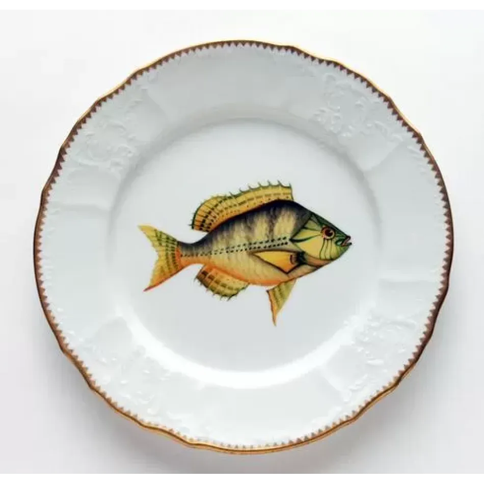 Antique Fish Gold/Aqua Highlights Dinner Plate 9.5 in Rd