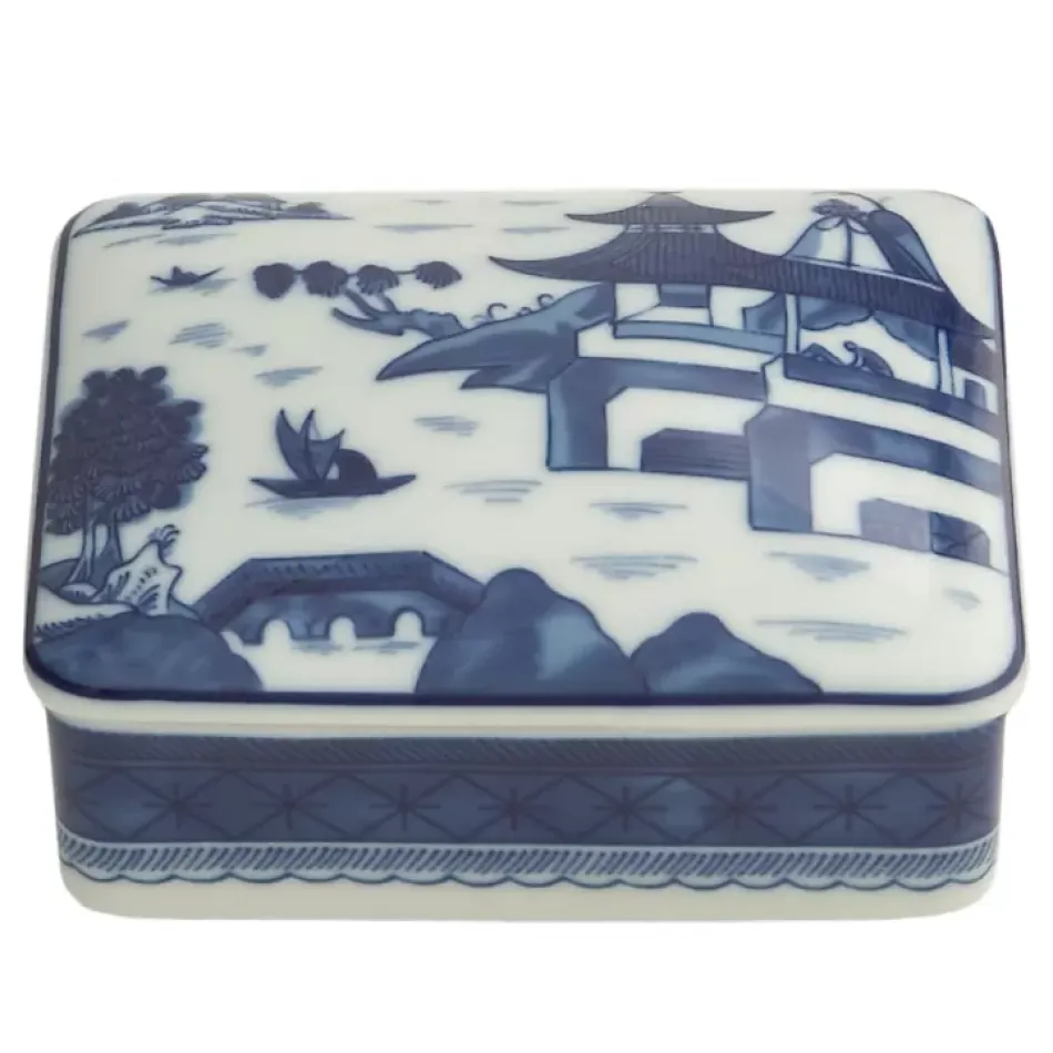 Blue Canton Rectangular Covered Box - Med. 1.75" x 4.5" x 3.75"