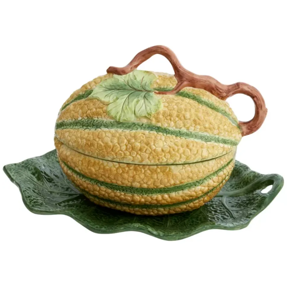 Melon Tureen w Stand, Majolica 11.75"x17.75"