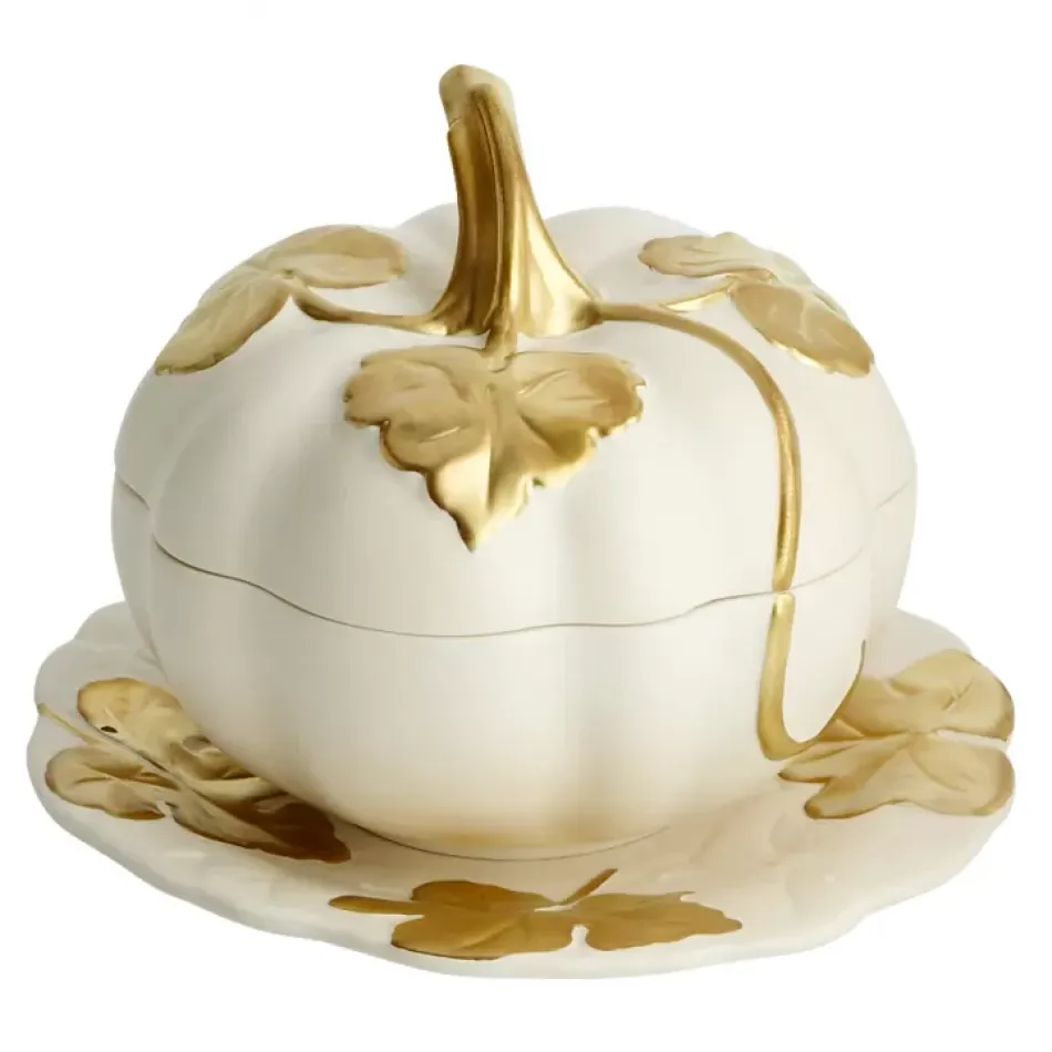 Melon Tureen Matte White & Gold & Stand 6.75"