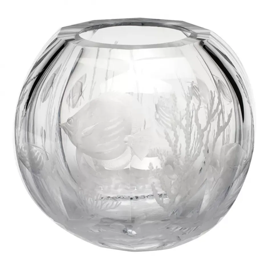 Globe Vase Clear Lead-Free Crystal, Cut, Engraving Coral Fish 27 cm