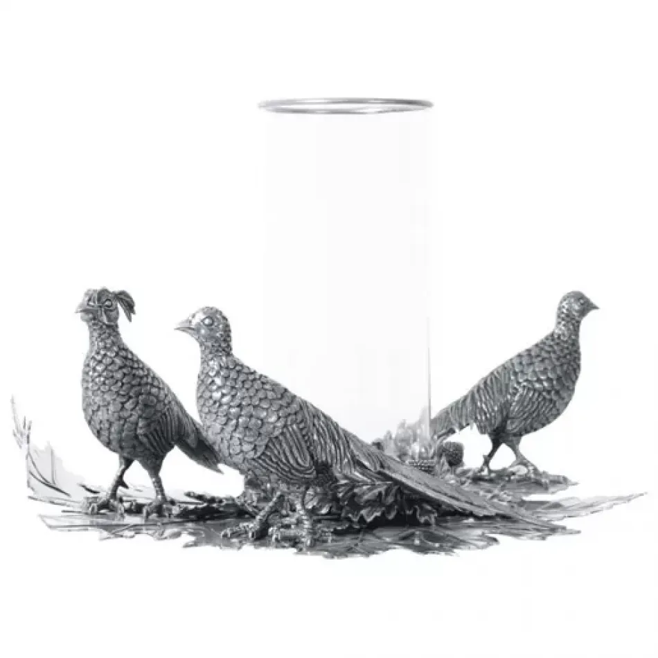 Morning Hunt Pewter Pheasants Pillar Hurricane Centerpiece