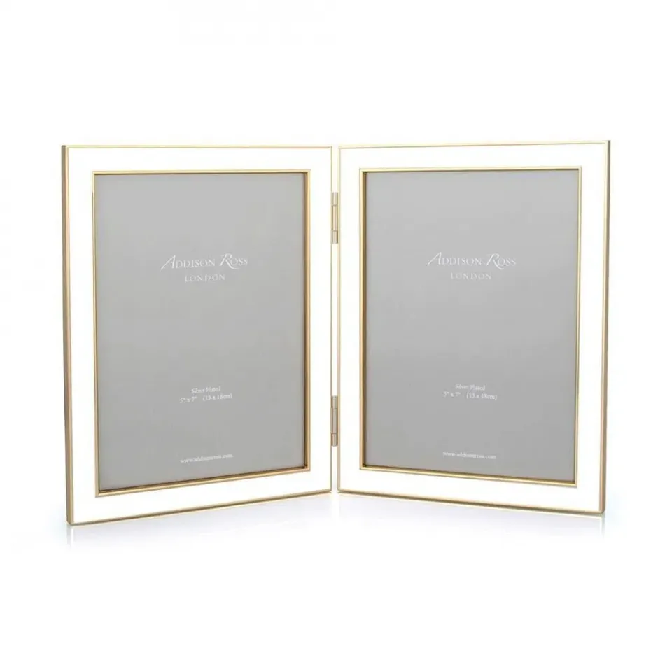 Gold Trim, White Enamel Double Picture Frame 5 x 7 in