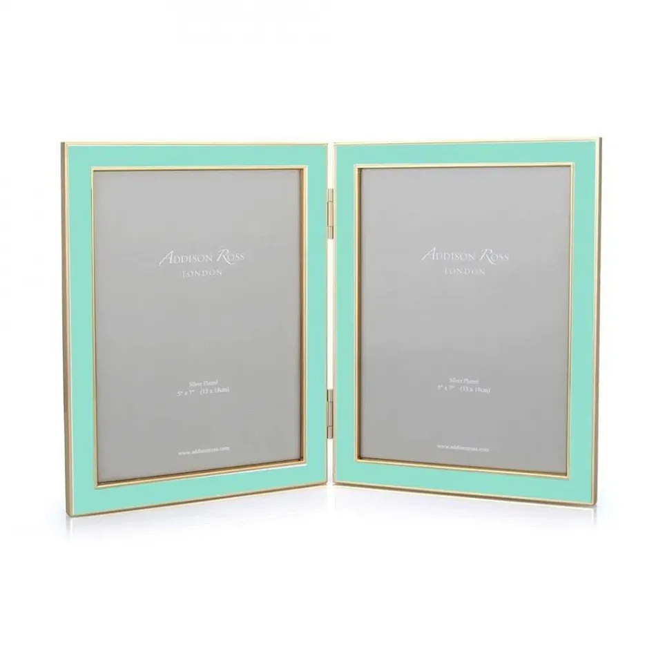 Gold Trim, Turquoise Blue Enamel Double Picture Frame 5 x 7 in