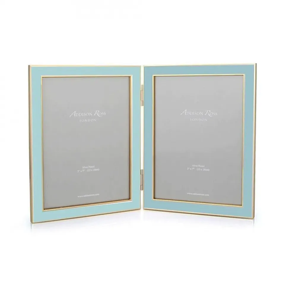 Gold Trim, Powder Blue Enamel Double Picture Frame 5 x 7 in