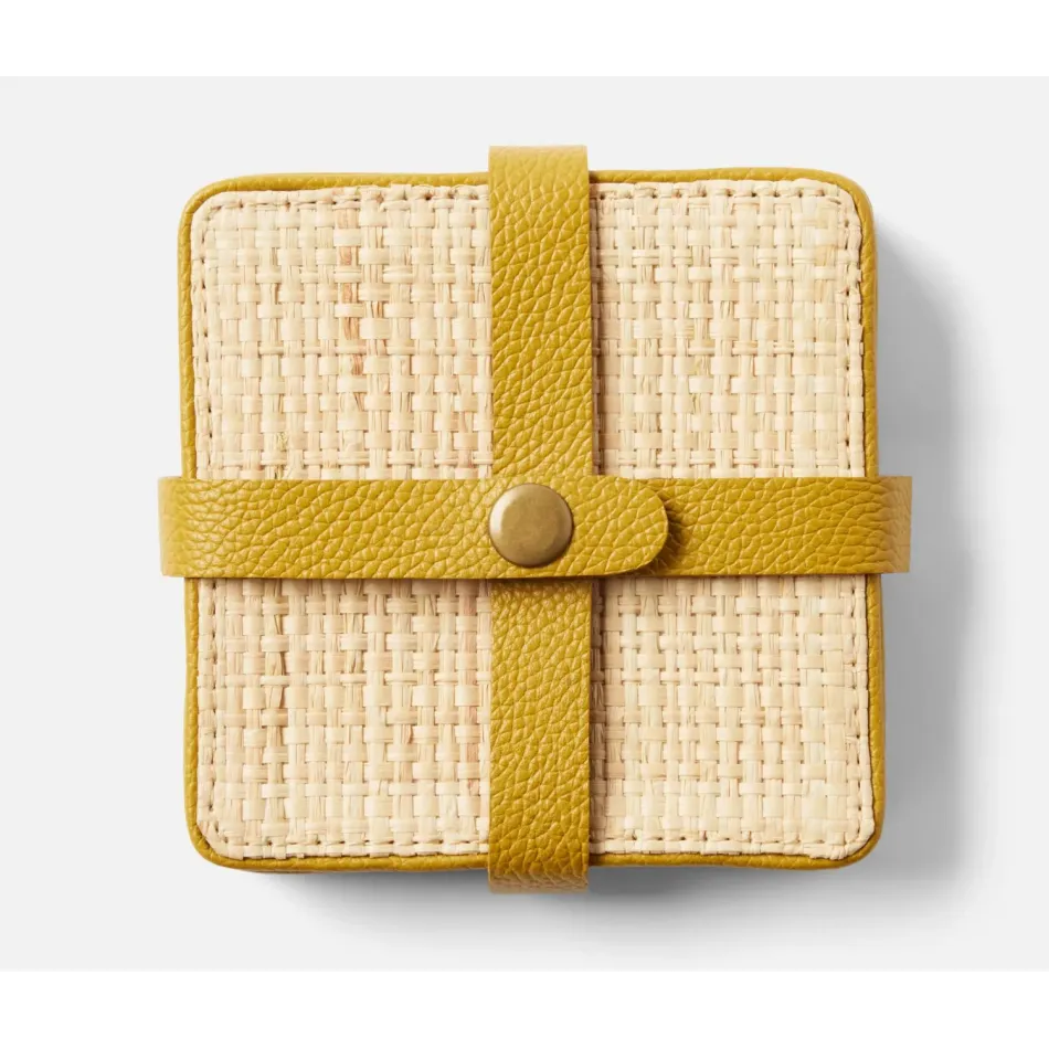 Kenneth Natural/Mustard, Set of 6 Coasters W/ Strap, Rayon/Leather