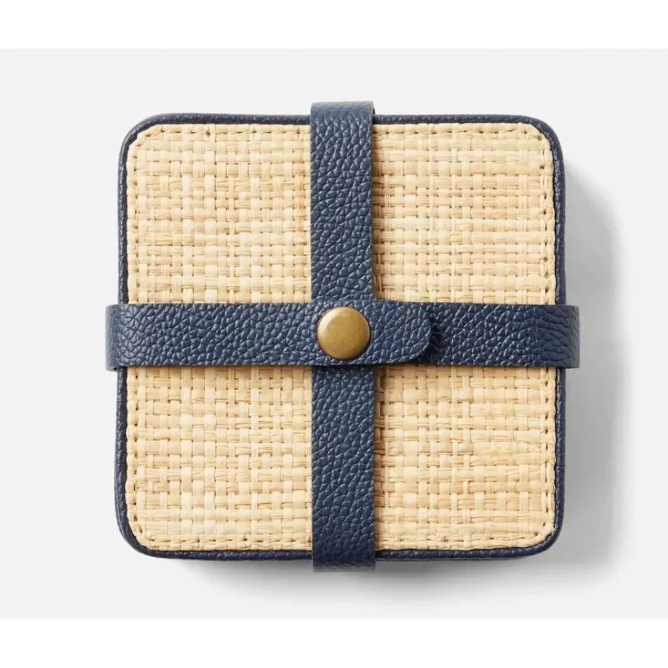 Kenneth Natural/Navy, Set of 6 Coasters W/ Strap, Rayon/Leather