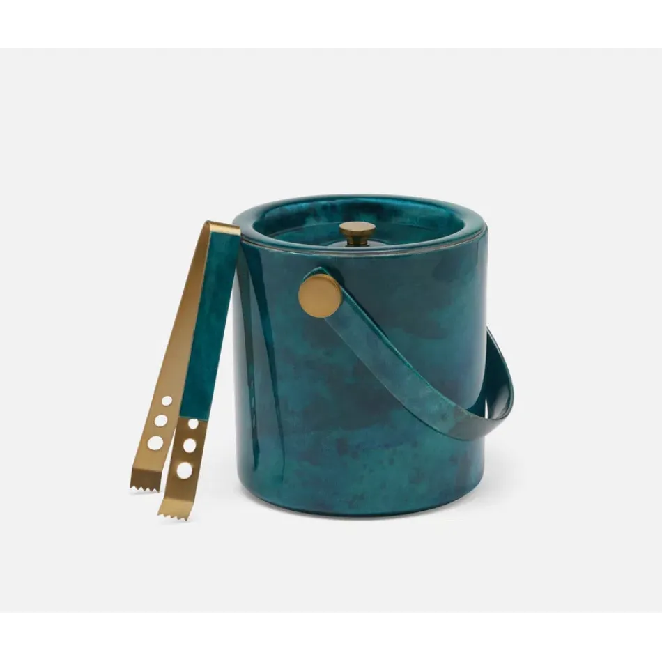 Nelson Blue Gloss Ice Bucket W/ Tongs Vellum Leather