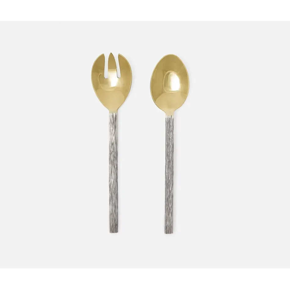 Harrison Silver Faux Bois/Polished Gold 2-Pc Serving Set (Serving Spoon, Serving Fork)