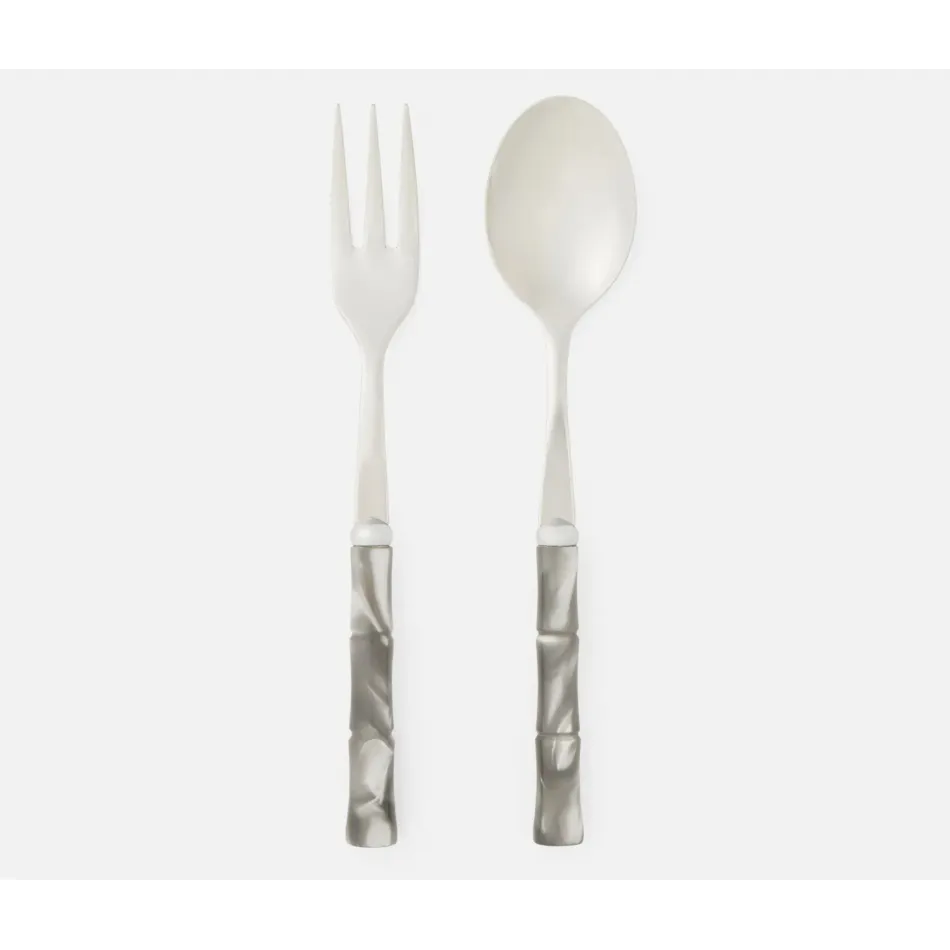 Lulu Polished Silver/Clear Gray Bamboo 2-Piece Serving Set Serving Spoon Serving Fork Stainless