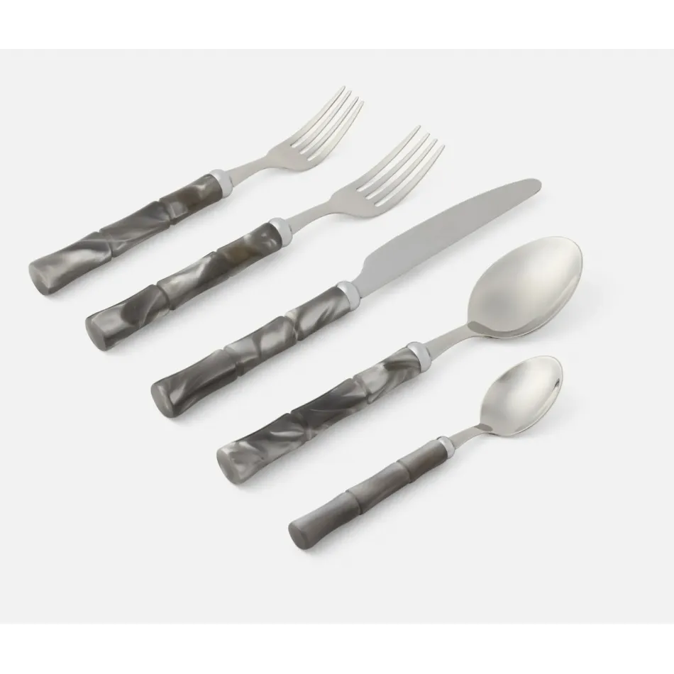 Lulu Polished Silver/Clear Gray Bamboo 5-Piece Set: Knife Dinner Fork Salad Fork Soup Spoon T