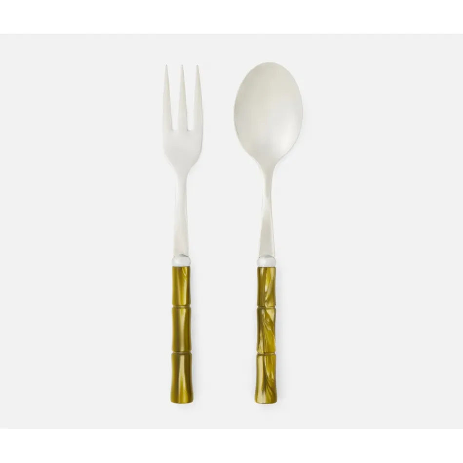 Lulu Polished Silver/Olive Green Bamboo 2-Piece Serving Set Serving Spoon Serving Fork Stainless