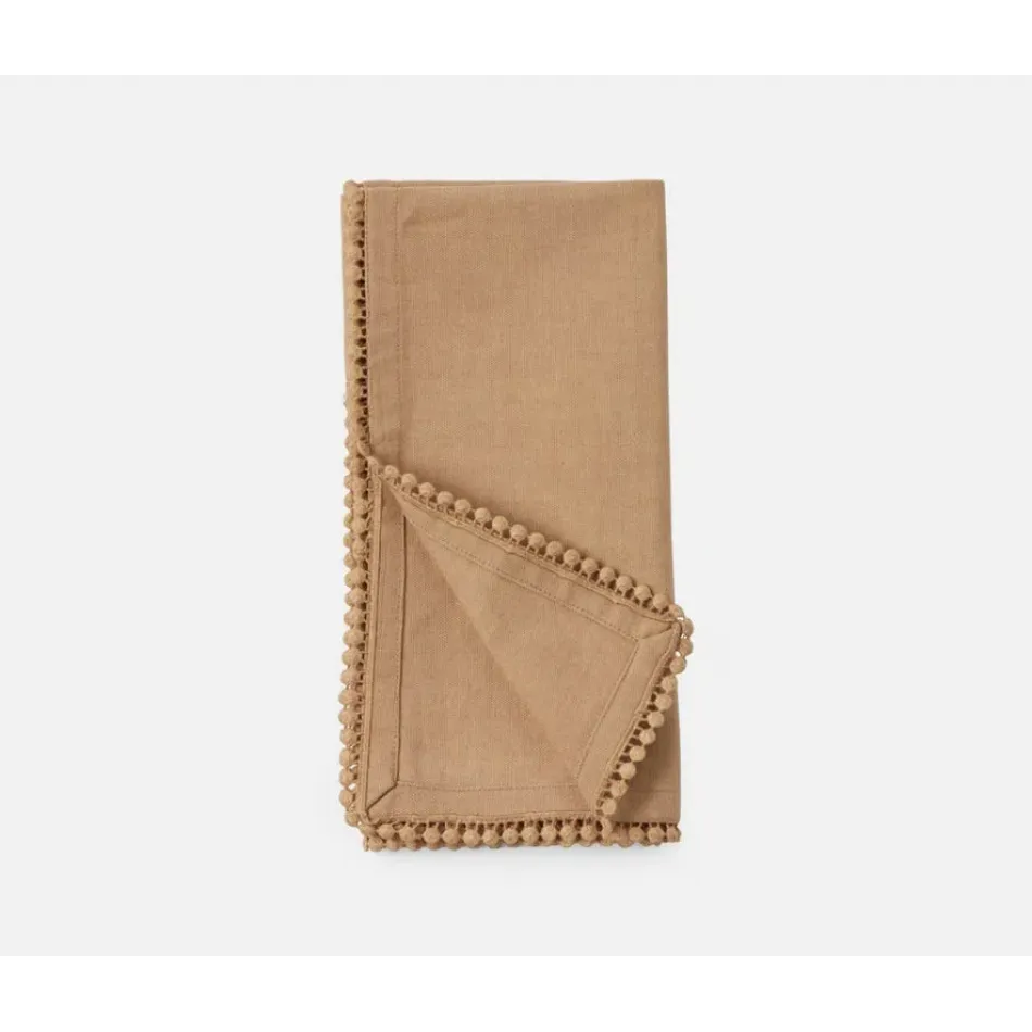 Margot Beige, Pom Pom Border, Napkin, Cotton Canvas, 22x22, Pack of 4