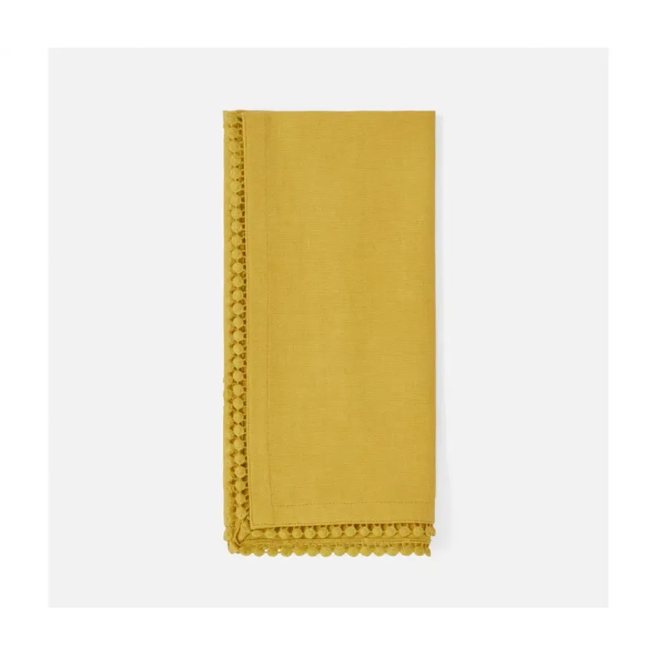 Margot Mustard Pom Pom Border Cocktail Napkin Cotton Canvas 11X11, Pack of 4