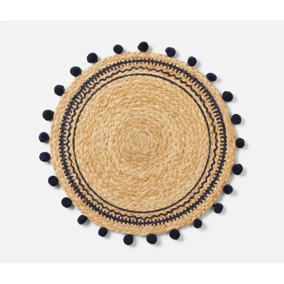 Giada Natural/Navy Pom Pom Round Placemat Jute Pack Of 4