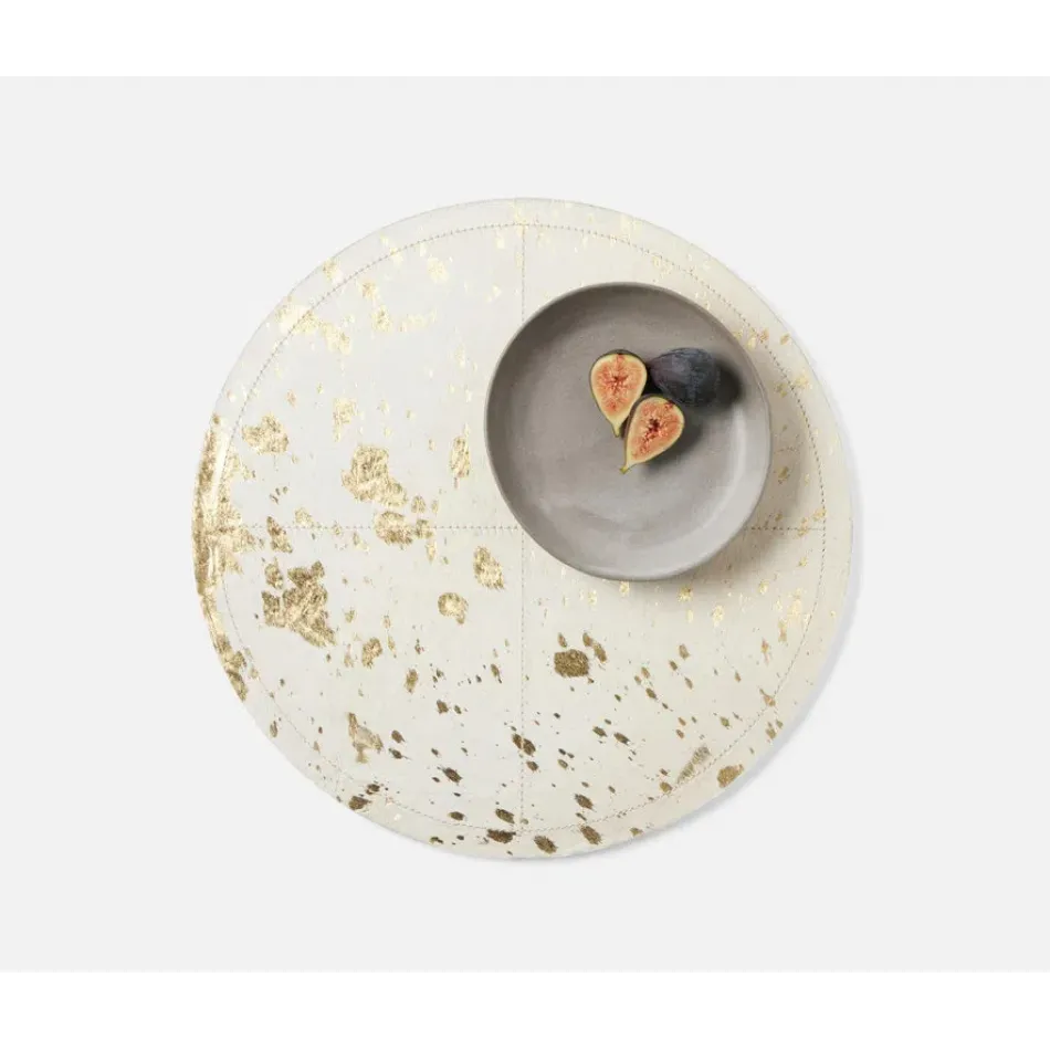 Miriam White/Gold Speckle, Round Placemat, Hair-On-Hide, Pack of 2