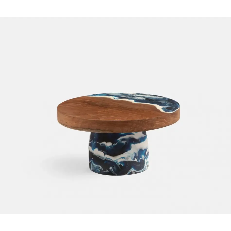 Austin Blue Swirled Cake Stand Resin/Natural Teak Small