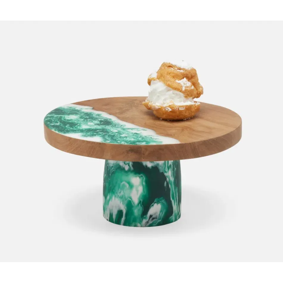 Austin Dark Green Swirled, Cake Stand, Resin/Natural Teak, Small