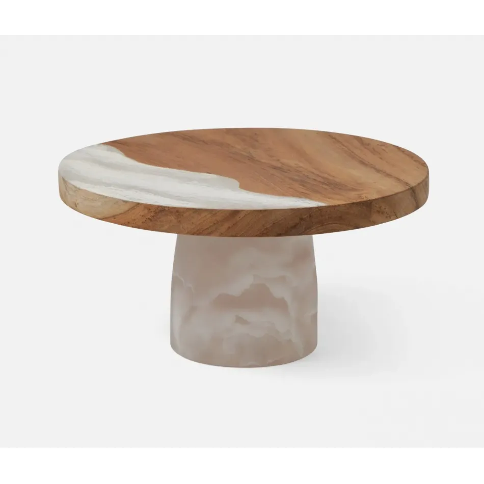 Austin White Swirled, Cake Stand, Resin/Natural Teak, Large
