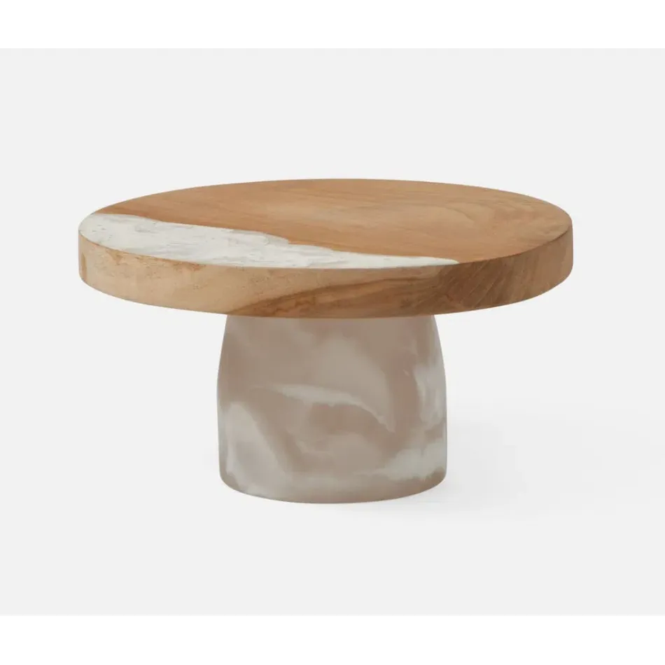 Austin White Swirled, Cake Stand, Resin/Natural Teak, Small