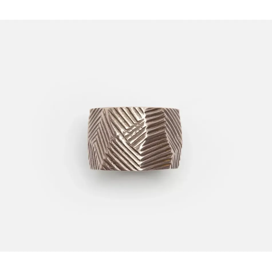 Gian Antiqued Pewter Abstract Napkin Ring, Brass, Boxed Set of 4