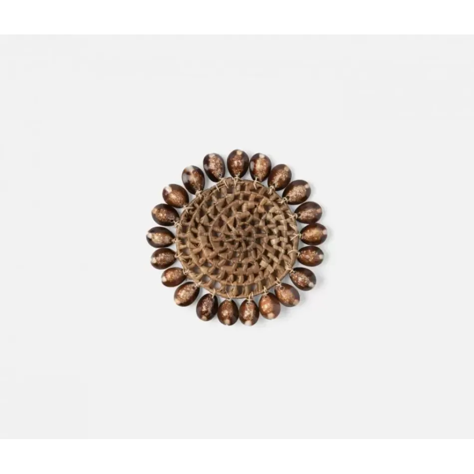 Bondi Natural Cowrie Shell/Brown Pandan Leaf Round Coasters, Set of 4