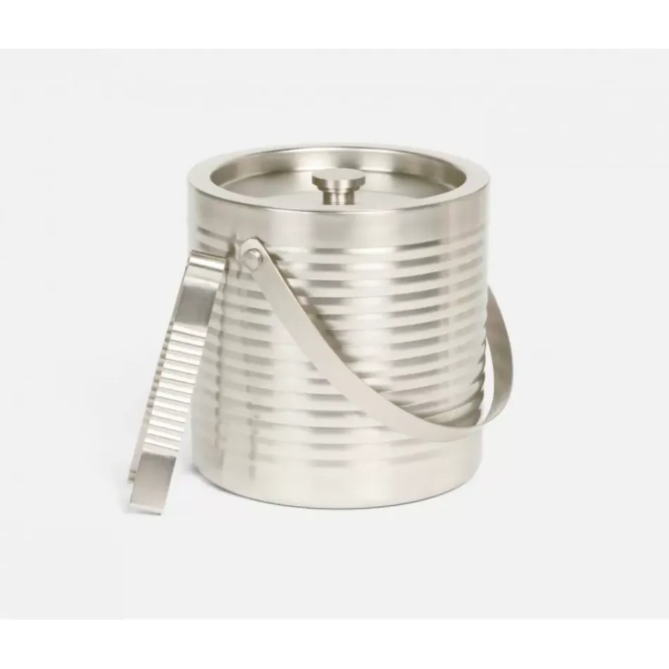 Clare Matte Nickel Ice Bucket W/ Tongs Round Ribbed Stainless Steel