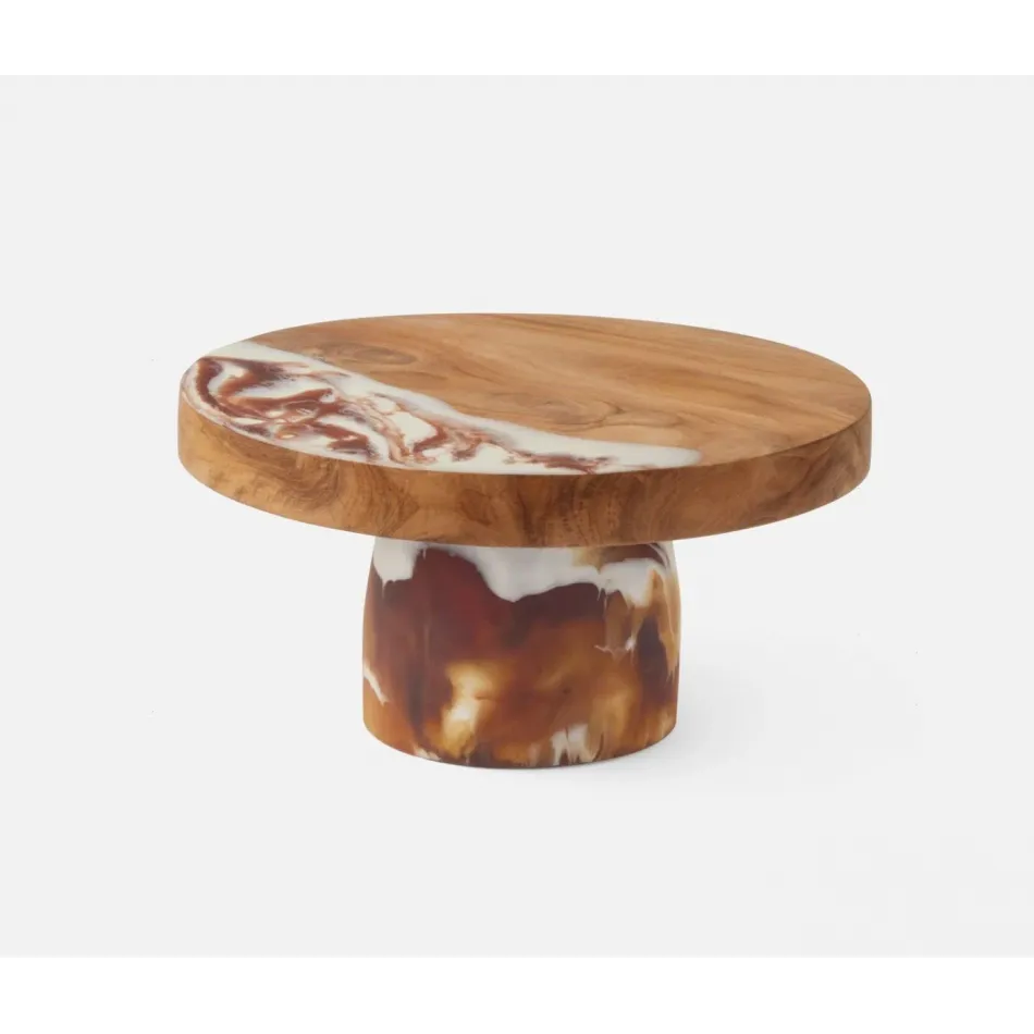 Austin Amber Swirled, Cake Stand, Resin/Natural Teak, Small