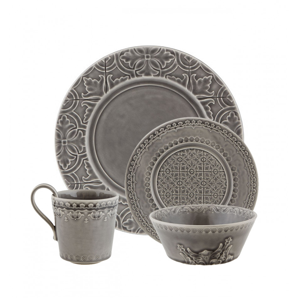 Rua Nova Anthracite 4-Pc Setting (Dinner, Fruit Plate, Cereal, Mug)