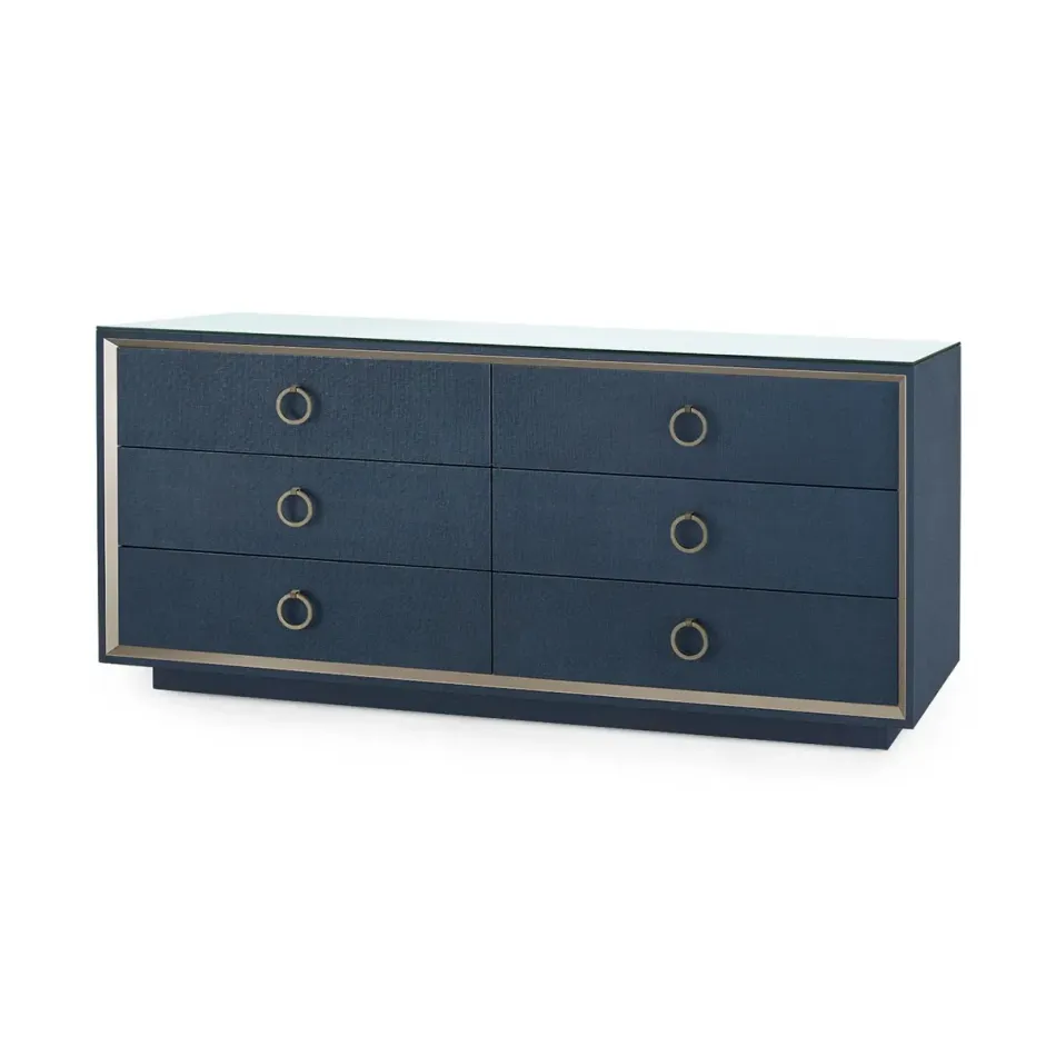 Ansel Blue Steel 6-Drawer with Glass Top Extra Large