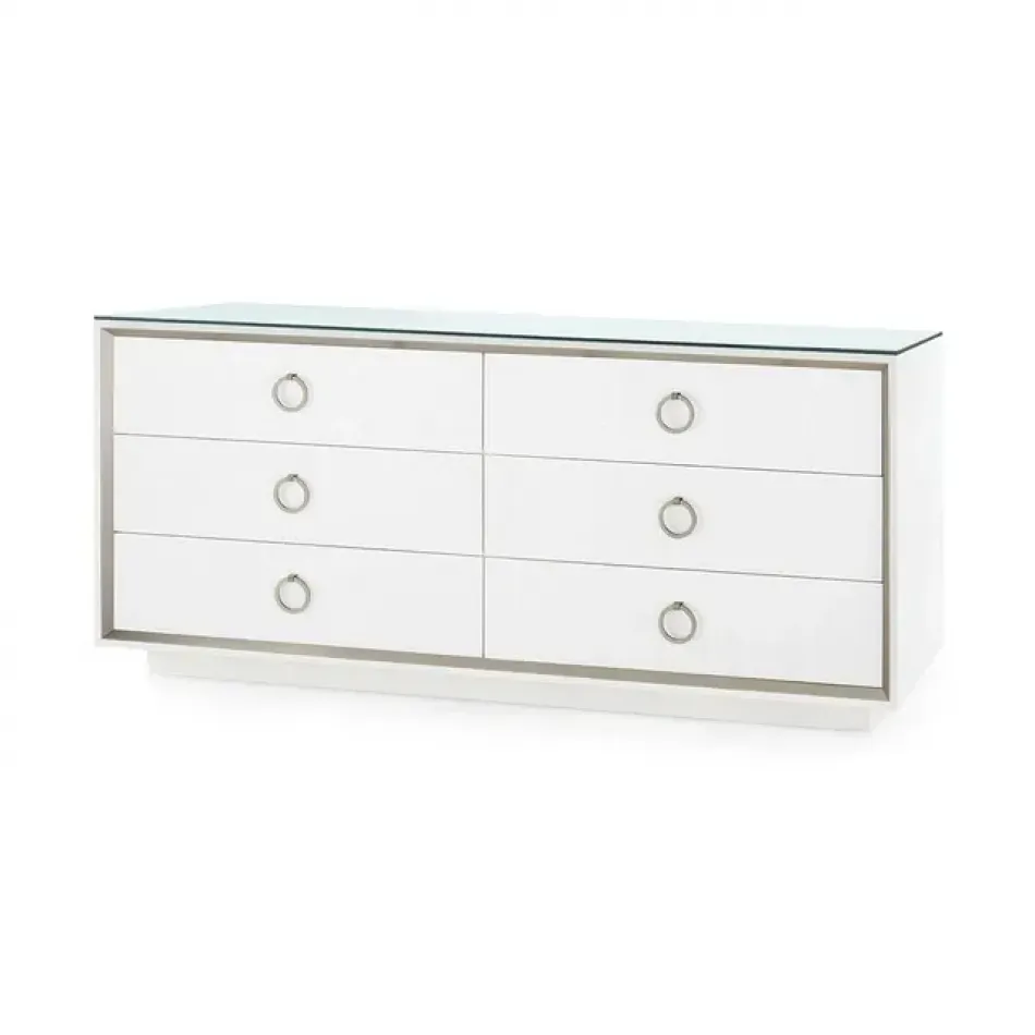 Ansel Chiffon White 6-Drawer with Glass Top Extra Large