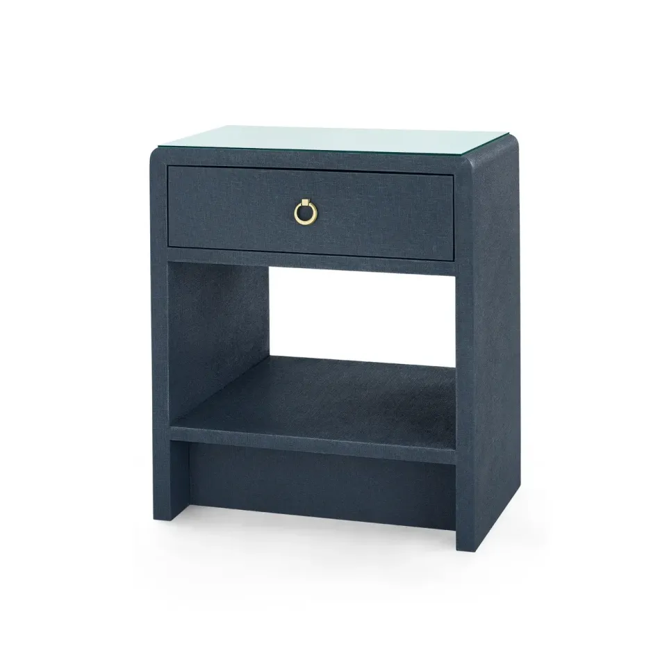 Benjamin Linen Blue Steel 1-Drawer Side Table with Glass Top