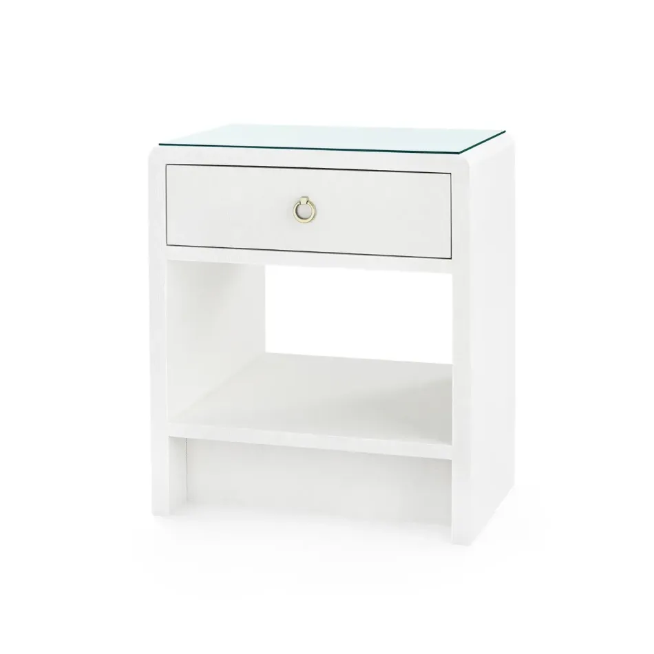 Benjamin Linen Chiffon White 1-Drawer Side Table with Glass Top