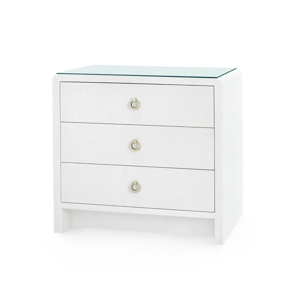 Bryant Linen Chiffon White 3-Drawer Side Table with Glass Top