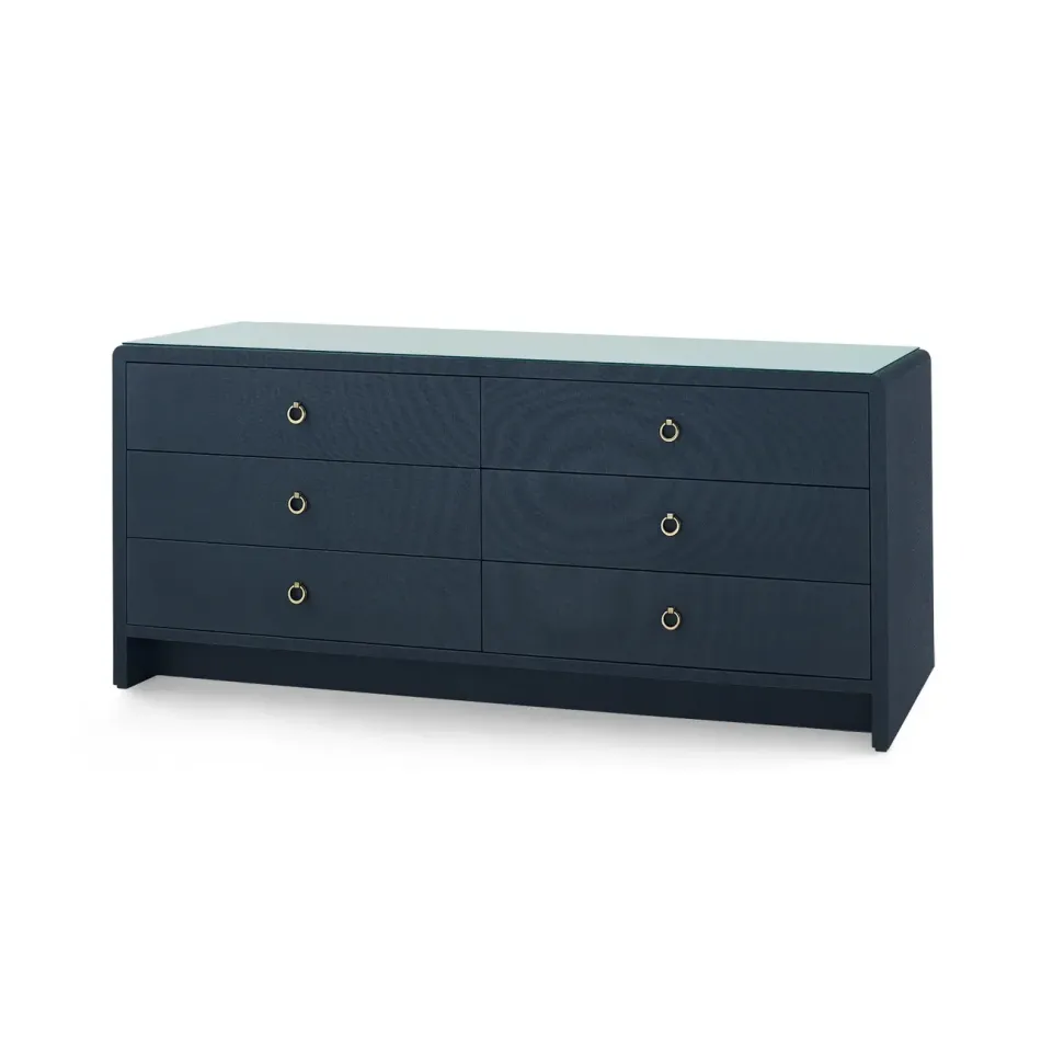 Bryant Linen Blue Steel 6-Drawer with Glass Top Extra Wide Large