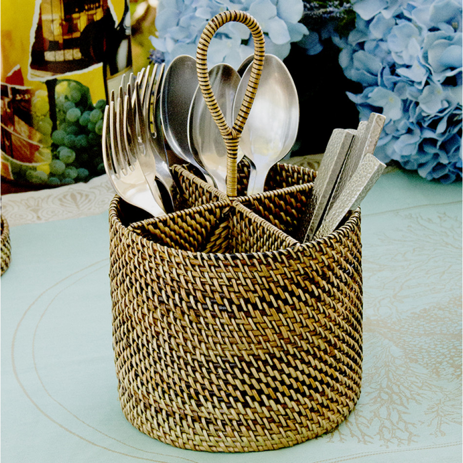 Woven Utensil Caddy Round with Dividers 5.75"L x 5.75"W x 10.25"H