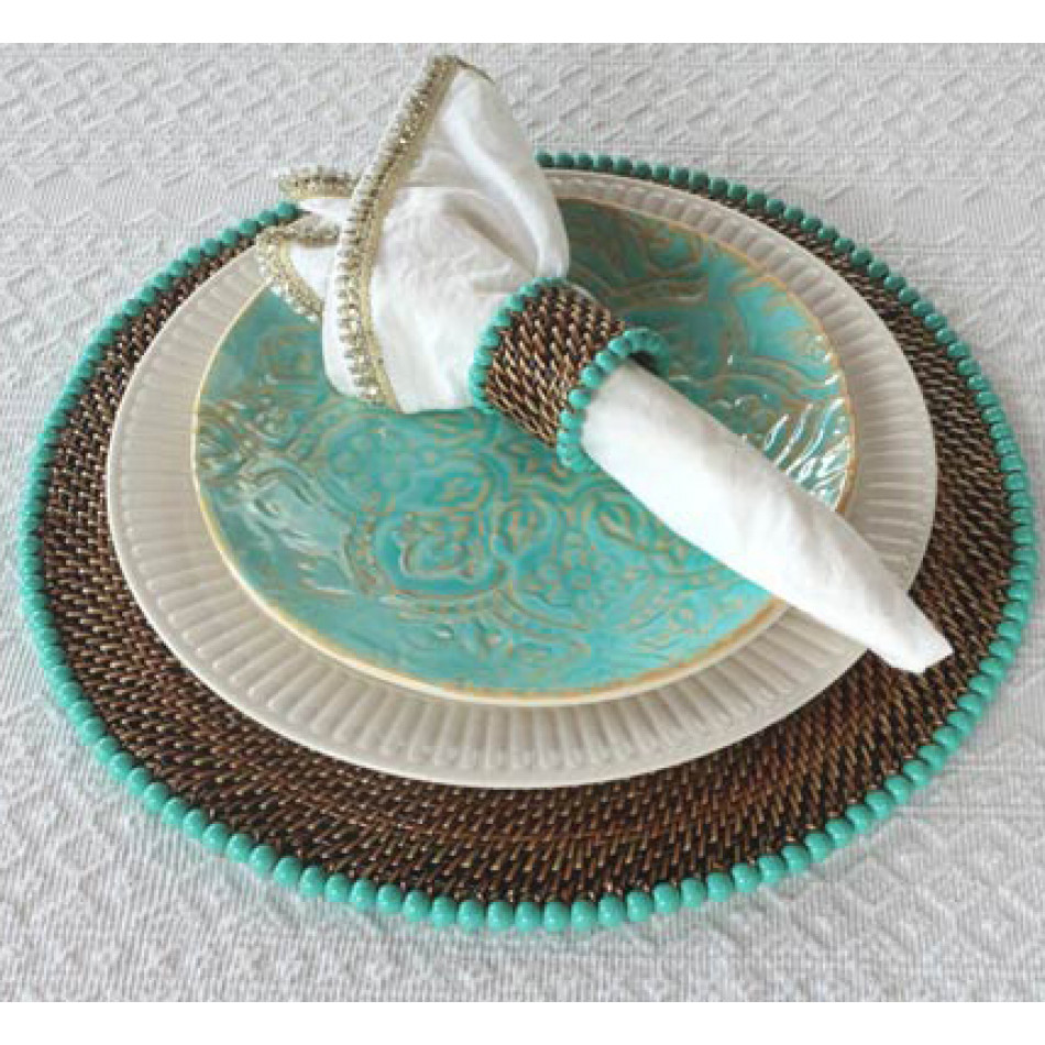 Napkin Ring with Beads, Aqua, Set of Four 4.5"L x 4.5"W x 2"H