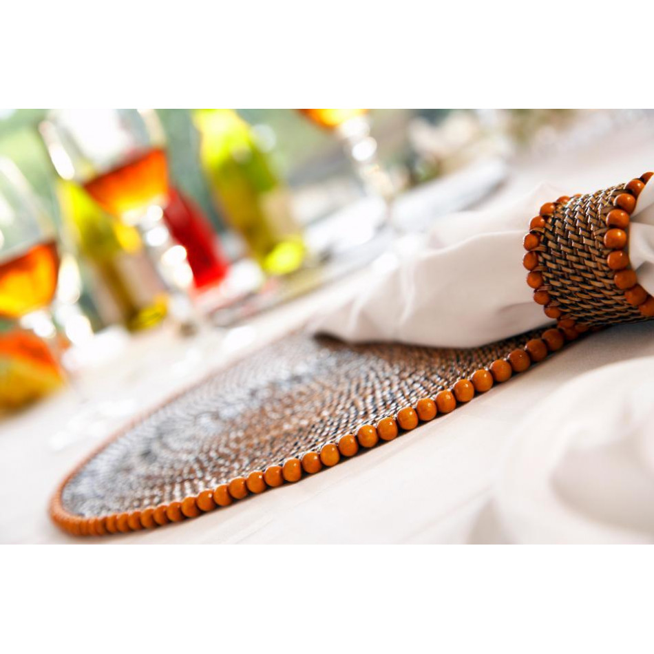 Round Placemat with Beads, Orange, Set of Four 15"L x 15"W x 1.75"H