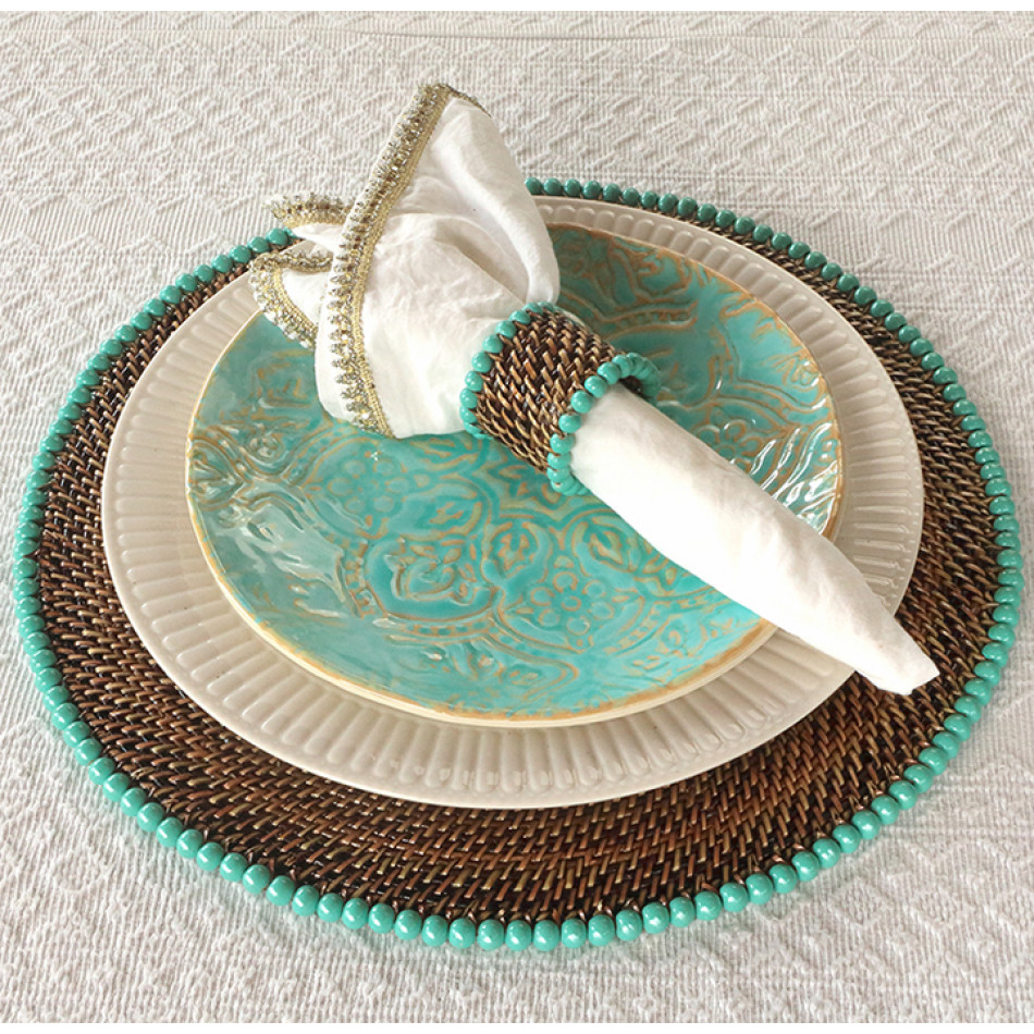 Round Placemat with Beads, Aqua, Set of Four 15"L x 15"W x 1.75"H